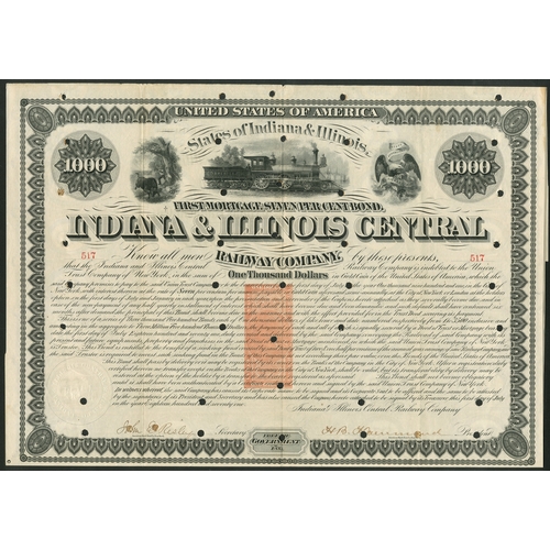 725 - U.S.A.: Indiana & Illinois Central Railway Co., First Mortgage 7% Bond for $1000, 1871, #517, st... 