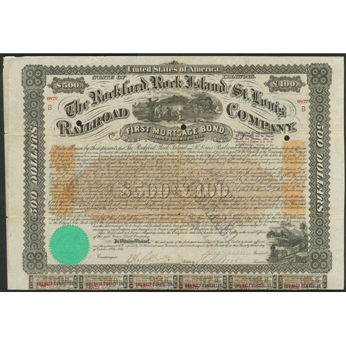 743 - U.S.A.: Rockford, Rock Island and St. Louis Railroad Co., a group of 3 first mortgage bonds for $100... 