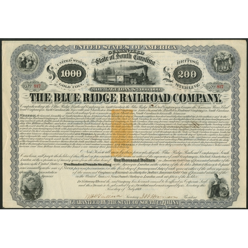 696 - U.S.A.: Blue Ridge Railroad Co., (SC), a pair of mortgage bonds for $1000 or £200, both 1869, #817 a... 