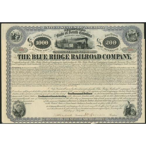 696 - U.S.A.: Blue Ridge Railroad Co., (SC), a pair of mortgage bonds for $1000 or £200, both 1869, #817 a... 