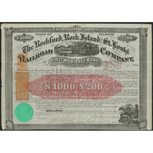 744 - U.S.A.: Rockford, Rock Island and St. Louis Railroad Co., a pair of first mortgage bonds, the first ... 