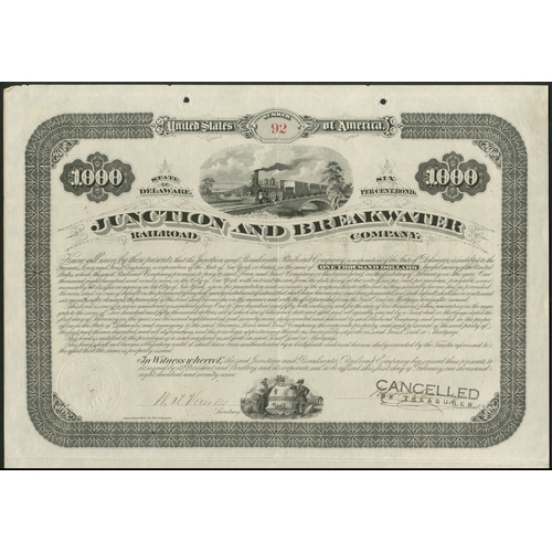 728 - U.S.A.: Junction and Breakwater Railroad Company, Delaware, 6% bond for $1000, 1879, #92, of only 25... 