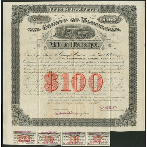 723 - U.S.A.: Gulf and Ship Island Railroad Company, 6% bond for $100 issued by the County of Harrison, Mi... 