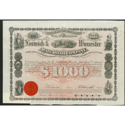 736 - U.S.A.: Norwich & Worcester Rail Road Co., bond for $1000, 1877, #108, train leaving station at ... 