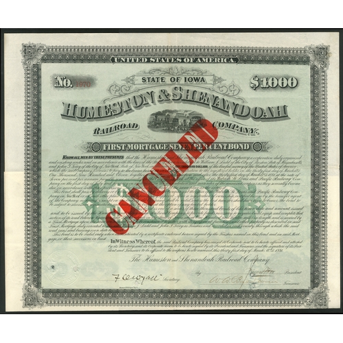 724 - U.S.A.: Humeston & Shenandoah Railroad Co., (IA), first mortgage 7% bond for $1000, 1881, no.197... 