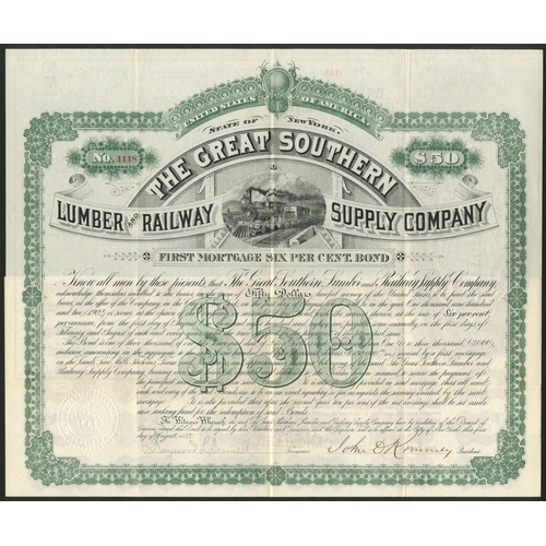 721 - U.S.A.: Great Southern Lumber and Railway Supply Co., first mortgage 6% bond for $50, 1882, #1118, v... 