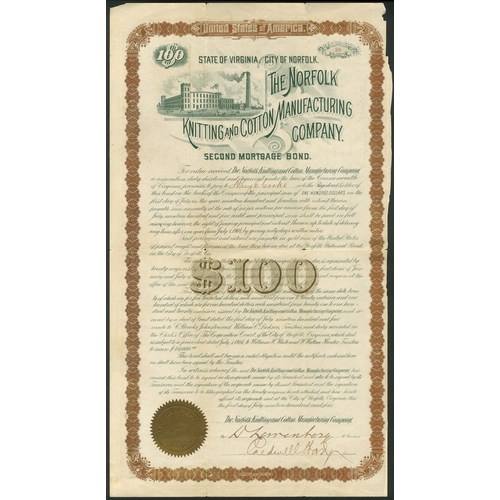 847 - U.S.A. - Virginia: Norfolk Knitting and Cotton Manufacturing Company, Second Mortgage bond, $100, 19... 