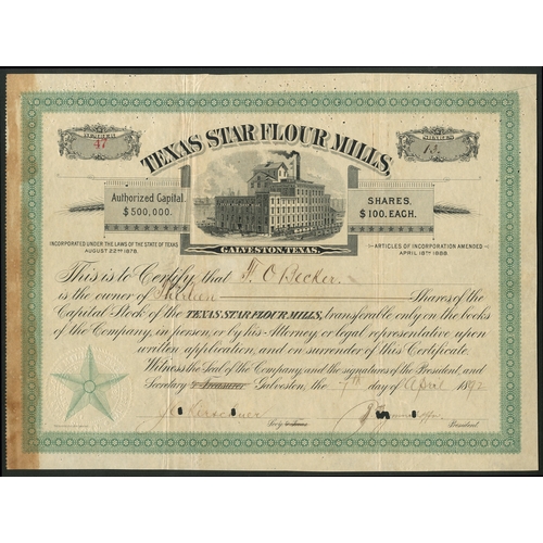 845 - U.S.A.: Texas Star Flour Mills of Galveston, pair of certificates, the first one share of $500, 18[7... 