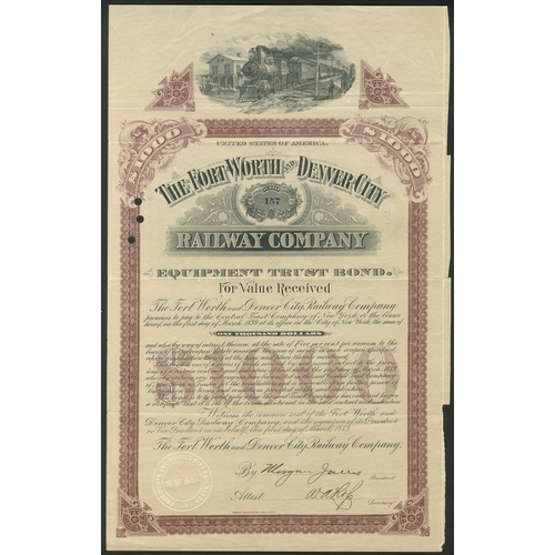 718 - U.S.A.: Fort Worth and Denver City Railway Company, 5% Equipment Trust Bond, $1000, 1889, #157, stea... 