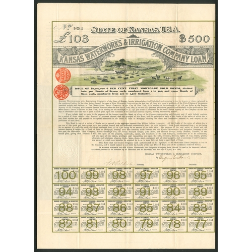 838 - U.S.A.: Kansas Waterworks & Irrigation Company, 6% first mortgage gold bond for $500 or £103, 18... 