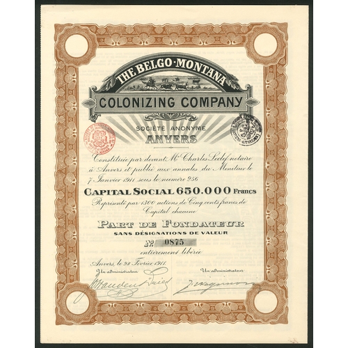 829 - U.S.A.: Belgo-Montana Colonizing Company, founders share, Antwerp 1911, #0875, small vignette of cat... 