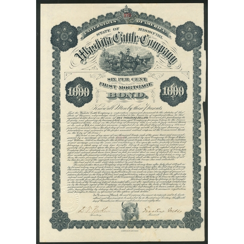 849 - U.S.A.: Washita Cattle Company. (MO), 6% first mortgage bond for $1000, 1883, #172, cowboys with cat... 