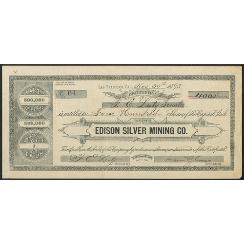 774 - U.S.A.: Edison Silver Mining Co. (CA), $1 shares, San Francisco 18[92], #64, black printing, small f... 