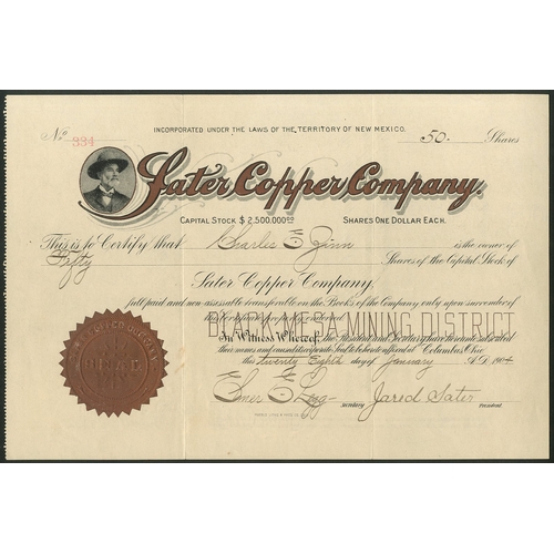 806 - U.S.A.: Sater Copper Company, $1 shares, Columbus, Ohio 190[4], #334, signed by Jared Sater as Presi... 