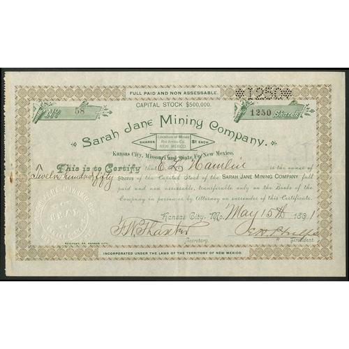 805 - U.S.A.: Sarah Jane Mining Company, $1 shares, Kansas City, MO 189[1], #58, green and gold, Reichert,... 