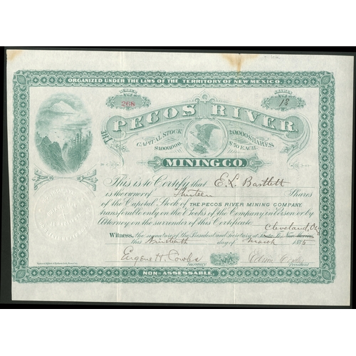 801 - U.S.A.: Pecos River Mining Company, $50 shares, Santa Fe (overwritten Cleveland, Ohio) 188[5], #268,... 