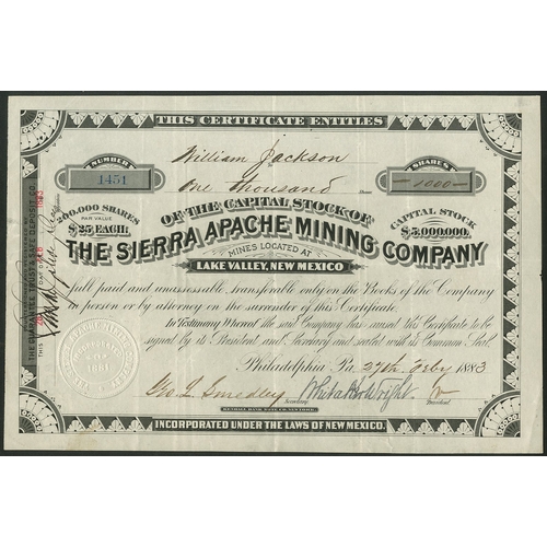 809 - U.S.A.: Sierra Apache Mining Company, $25 shares, Philadelphia 188[2], #1451, with facsimile signatu... 