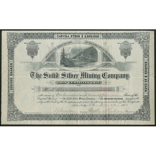 810 - U.S.A.: Solid Silver Mining Company, $25 shares, Silver City 188[3], #838, vignette of mining area, ... 