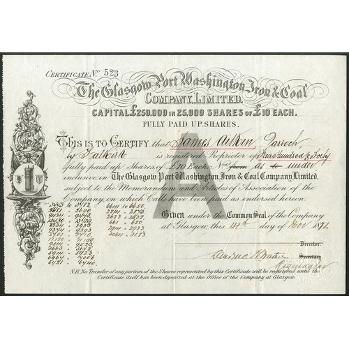 836 - U.S.A.: Glasgow Port Washington Iron & Coal Co. Ltd., £10 'A' shares, 187[81], #523, signed by t... 