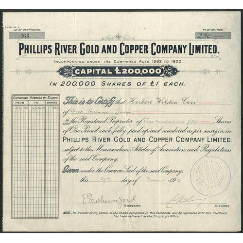 39 - Australia: Phillips River Gold and Copper Company Limited, £1 shares, 19[06], #263, dark blue. Regis... 