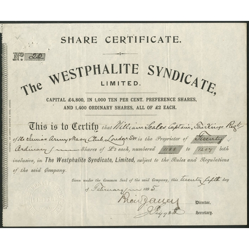 577 - Great Britain: Westphalite Syndicate Ltd., a pair of certificates for £2 shares, ordinary shares and... 