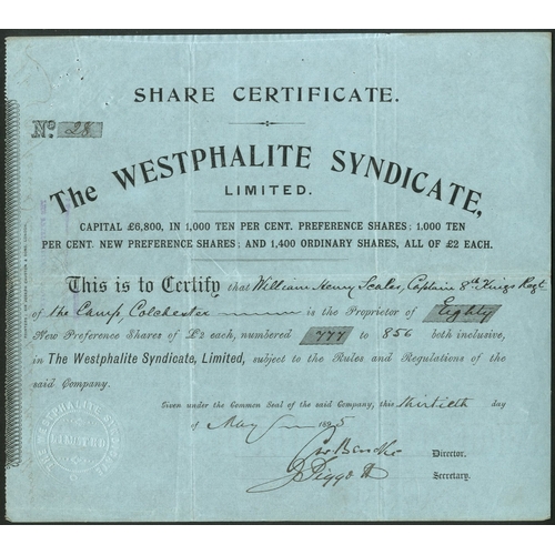 577 - Great Britain: Westphalite Syndicate Ltd., a pair of certificates for £2 shares, ordinary shares and... 