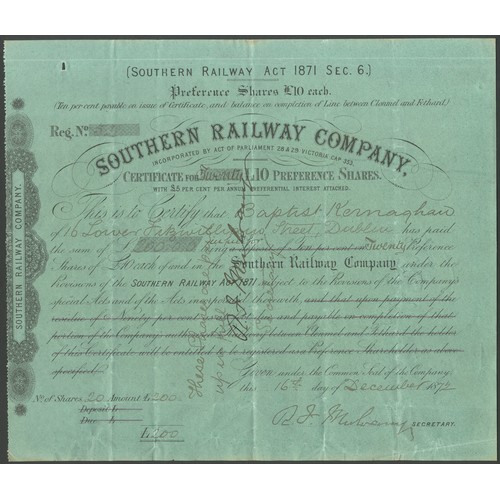 428 - Ireland: Southern Railway Company, a collection of certificates comprising £10 shares, 186[5], #1, b... 