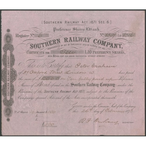 428 - Ireland: Southern Railway Company, a collection of certificates comprising £10 shares, 186[5], #1, b... 