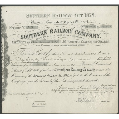 428 - Ireland: Southern Railway Company, a collection of certificates comprising £10 shares, 186[5], #1, b... 