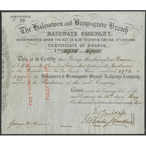 394 - Great Britain: Halesowen and Bromsgrove Branch Railways Company, £10 shares, 187[2], #59, black, sta... 