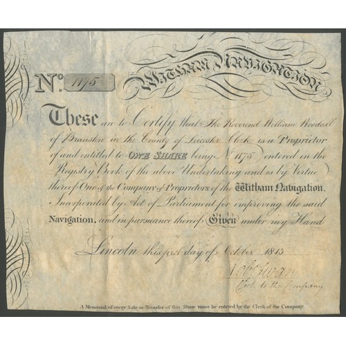 362 - Great Britain: Witham Navigation, one share, Lincoln 18[13], #1175, black printing on vellum. Incorp... 