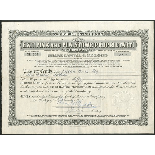 551 - Great Britain: E. and T. Pink and Plaistowe (Proprietary) Ltd., pair of certificates for ordinary an... 