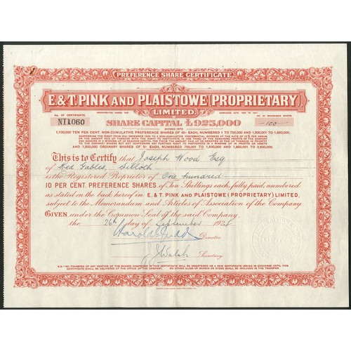 551 - Great Britain: E. and T. Pink and Plaistowe (Proprietary) Ltd., pair of certificates for ordinary an... 