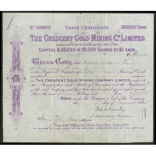 25 - Australia: Crescent Gold Mining Company Limited, £1 shares, 189[5], #12, mauve. Registered 2nd... 