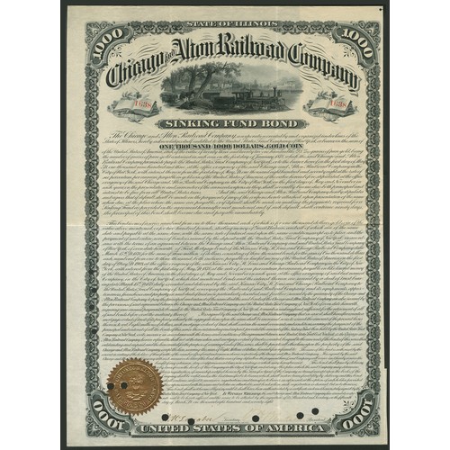 707 - U.S.A.: Chicago and Alton Railroad Company, Sinking Fund bond, $1000, 1878, #1638, steam train at to... 