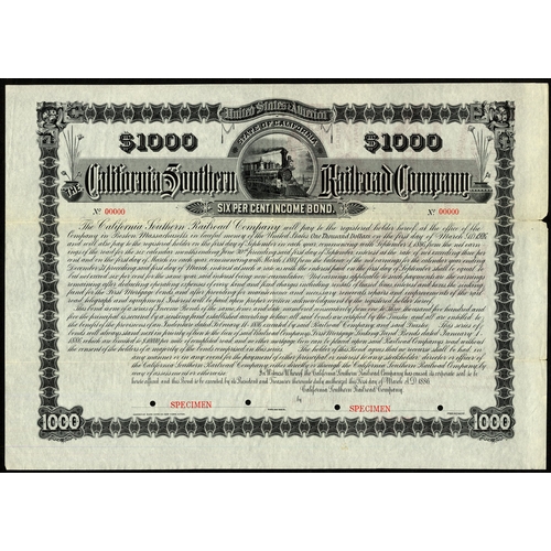 703 - U.S.A.: California Southern Railroad Company, a specimen 6% income bond, 1886, $1000, steam train to... 