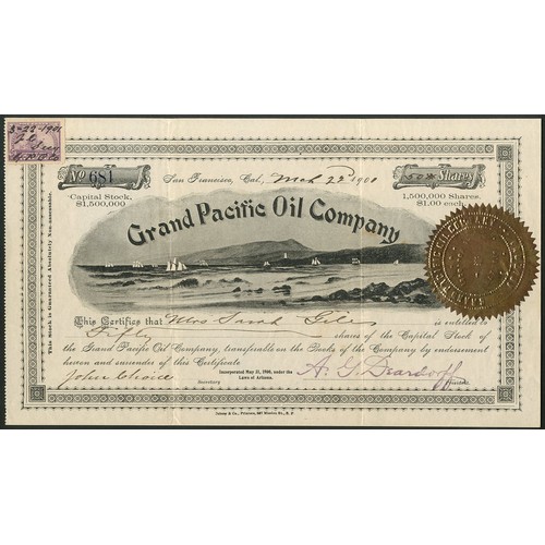 818 - U.S.A.: Grand Pacific Oil Company, $1 shares, 190[1], #681, large vignette of shipping off the coast... 