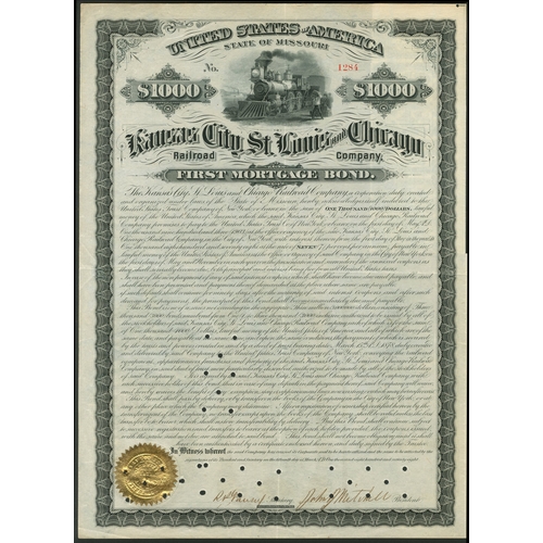 730 - U.S.A.: Kansas City, St. Louis and Chicago Railroad Company 1st Mortgage Bond, 1878, $1000, #1284, s... 