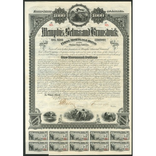 733 - U.S.A.: Memphis, Selma and Brunswick Railroad Company, 1st Mortgage Bond, 1882, $1000, #925, steam t... 