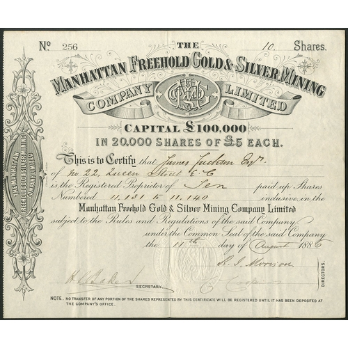 793 - U.S.A.: Manhattan Freehold Gold & Silver Mining Co. Ltd., £5 shares, 188[6], #256, black with sc... 