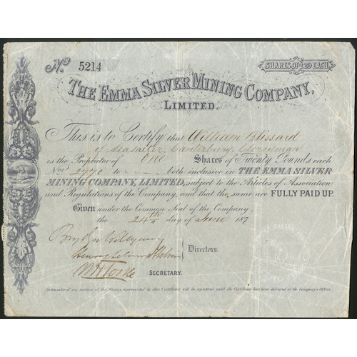 775 - U.S.A.: Emma Silver Mining Company Limited, £20 shares, 187-, #5214, fully issued but year lef... 