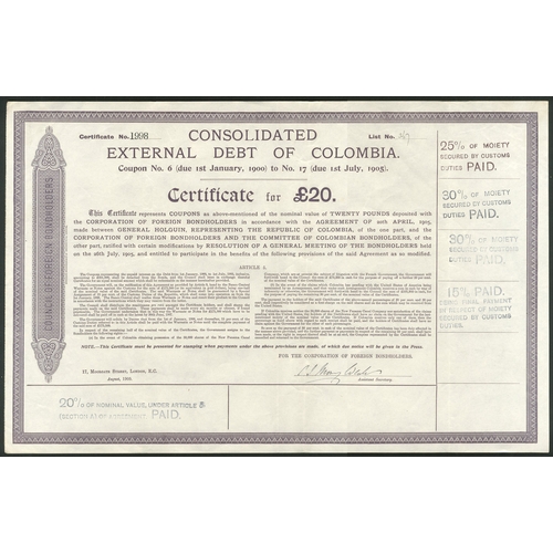 603 - Colombia: Consolidated External Debt, a pair of certificates issued by the Council of Foreign Bondho... 