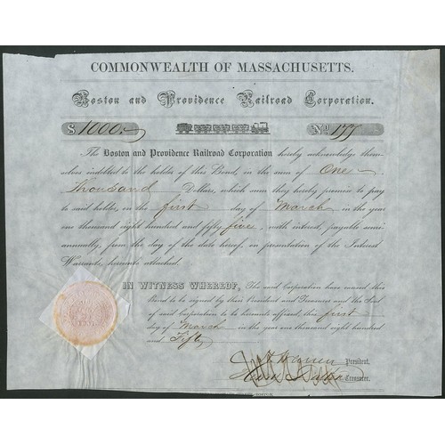 699 - U.S.A.: Boston and Providence Railroad Corporation, 6% Bond, $[1000], 18[50], #177, small steam trai... 