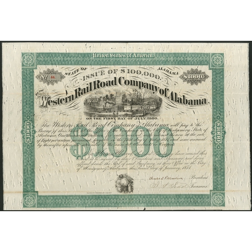 753 - U.S.A.: Western Rail Road Company of Alabama, 8% Loan, 1871, $1000, #44, steam train in centre, gree... 