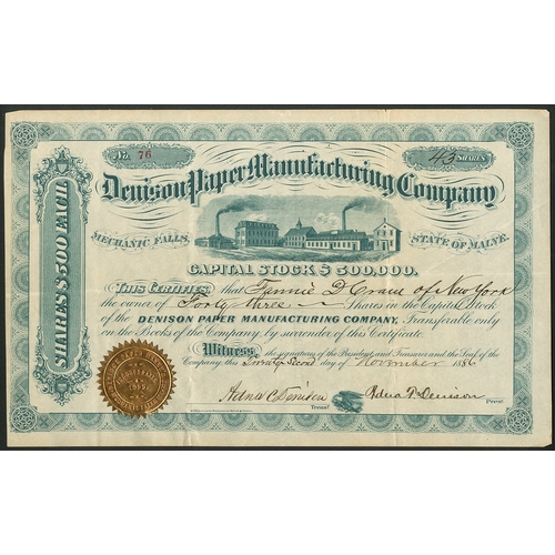 833 - U.S.A.: Denison Paper Manufacturing Company, Mechanic Falls, Maine, $500 shares, 18[86], #76, lovely... 