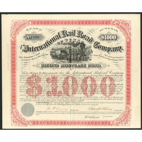 726 - ª U.S.A.: International Rail Road Company of Texas, Second Mortgage bond for $1000, 1874, #1495, sig... 