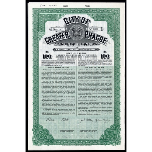 254 - Czechoslovakia: City of Greater Prague, 1922 7½% Mortgage Loan, a specimen bond for £100, from the B... 