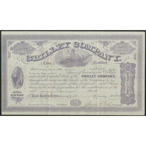 834 - U.S.A.- Connecticut: Grilley Company, $25 shares, 18[91], #390, mauve with vignettes. A prominent Ne... 