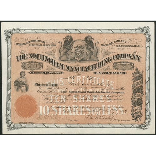 839 - U.S.A.: Nottingham Manufacturing Company, New York, less than 10 shares of $100, 18[83], #433, attra... 