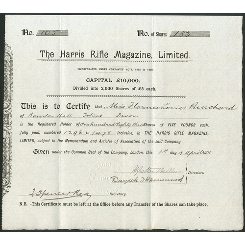 553 - Great Britain: Harris Rifle Magazine Limited, £5 shares, 190[1], #105, black. Henry Harris inv... 